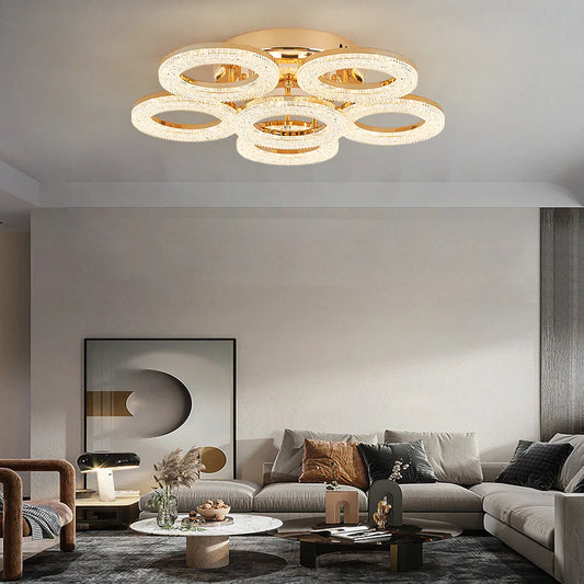 Lustră LED elegantă DM Living, Model DM300/5+1, Auriu – Design Inelar cu Iluminat Multispectral și Telecomandă pentru Iluminare Personalizată