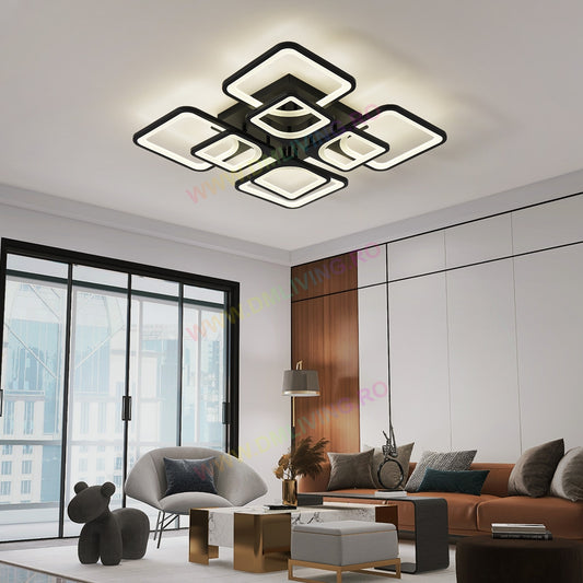 Lustră LED Premium cu Telecomandă, 256W DM6548/4+4-BK, Negru – Perfectă pentru Iluminat Personalizat în Interioare Stilate