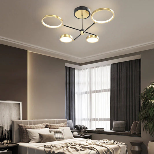 Lustră Geometrică De Lux Cu Inele LED DM9049-4 Negru/Auriu – Iluminat Modern Și Design Elegant, Ideală Pentru Interioare Rafinate
