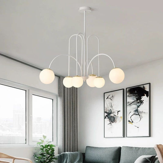 Candelabru de lux DM Living, Model DM1018/6 Alb – Brațe Albe și Sfere Luminoase pentru Un Design Modern și Iluminare Premium