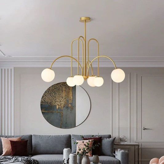 Candelabru modern, cu brațe aurii și sfere luminoase, dimensiuni generoase DM1018/6 Auriu