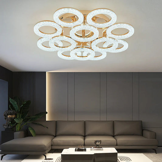 Lustră LED de lux DM Living, Model DM300/8+4, Auriu – Design Geometric cu Lumină Tri-Spectru și Telecomandă pentru Iluminare Personalizată