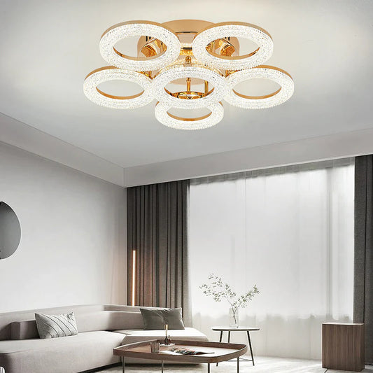 Lustră LED elegantă DM Living, Model DM300/5+1, Auriu – Design Inelar cu Iluminat Multispectral și Telecomandă pentru Iluminare Personalizată