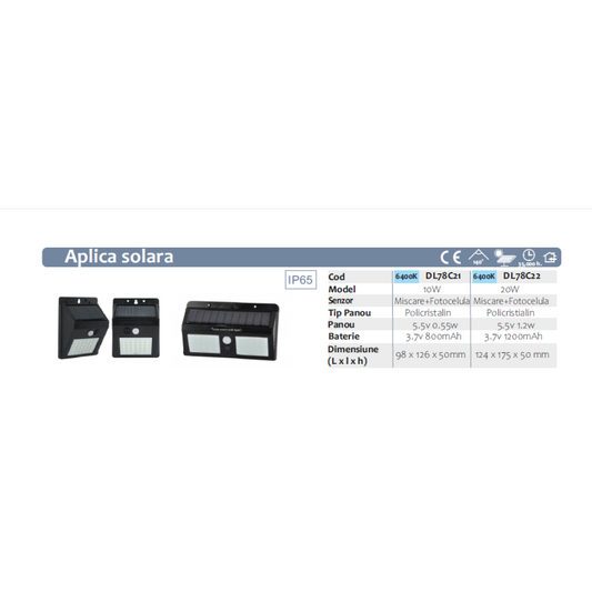 Aplica cu senzor si panou solar 5.5V/1.2W ~20W