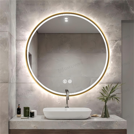 Oglindă LED Circulară, Design Inteligent DM016, Auriu – Eleganță și Iluminare Modernă pentru Orice Spațiu