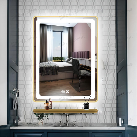 Oglindă LED Auriu 60x80cm DM039 – Iluminare de Fundal Premium și Funcție Dezaburire pentru Un Ambient Modern