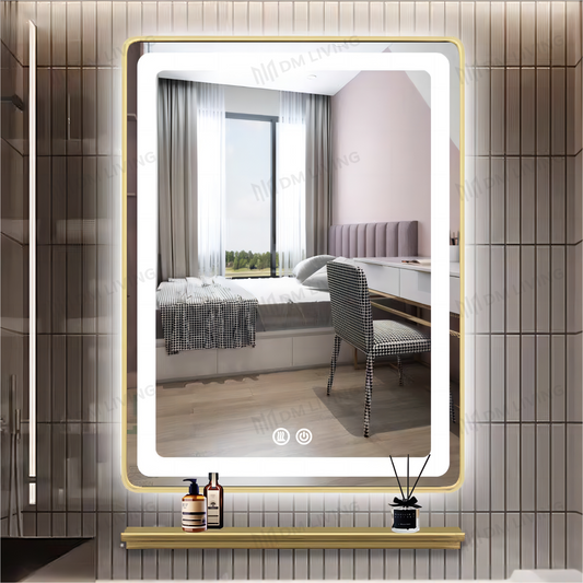Oglindă LED Auriu 60x80cm DM039 – Iluminare de Fundal Premium și Funcție Dezaburire pentru Un Ambient Modern