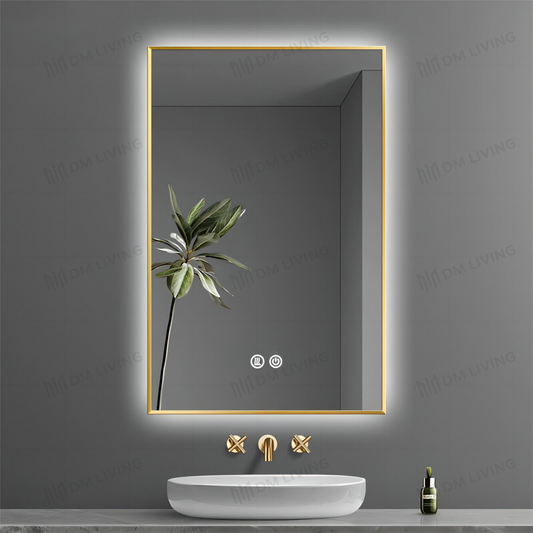 Oglindă LED Auriu 60x80cm DM041 – Iluminare de Fundal Elegantă și Funcție Dezaburire pentru pentru Un Decor Modern