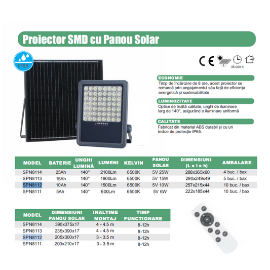 Proiector led SMD cu Panou Solar si telecomanda - 100W/6500k