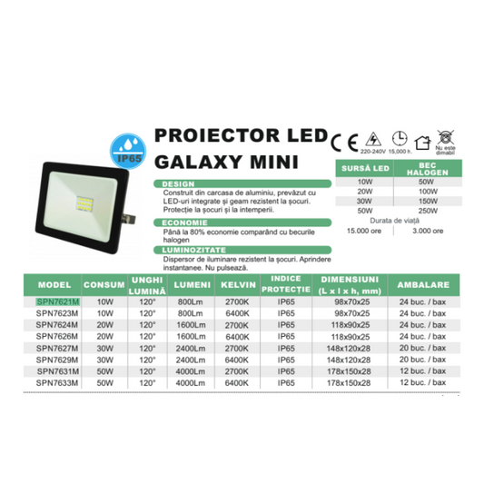Proiector Led SMD Galaxy, 20W=100W, 3000K, lumina calda