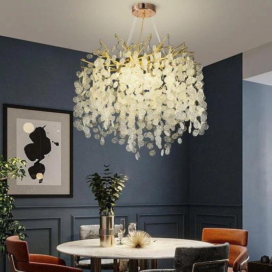 Candelabru Auriu cu 6 Brațe și Cristale, Design Elegant, DM9103/600 – Perfect pentru sufragerii sau holuri luxoase, cu iluminare rafinată.