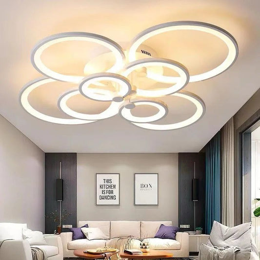 Lustră LED, design suprapus cu multiple cercuri, Alb