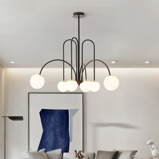 Candelabru modern DM Living, Model DM1018/6 – Design Elegant cu Brațe Negre și Sfere Luminoase pentru Iluminat Distins