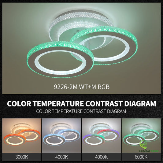 Plafonieră LED modernă cu inele suprapuse și telecomandă RGB – DM9226/2M – Iluminare flexibilă și design contemporan pentru orice încăpere.