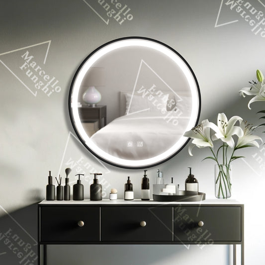 Oglindă LED Touch cu Sistem Dezaburire, Rama Negru Mat, 70x70 cm, Model W11 - Eleganță și Funcționalitate în Baia Ta