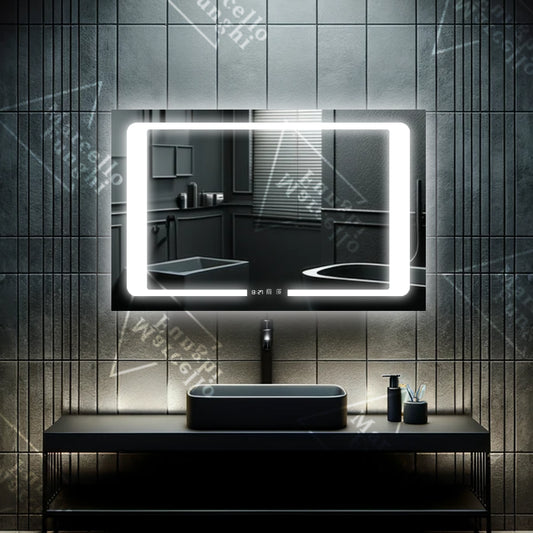 Oglindă LED Touch cu Funcție Dezaburire și Ceas, 90x60 cm, Model W32 - Eleganță Modernă și Funcționalitate Avansată pentru Baie