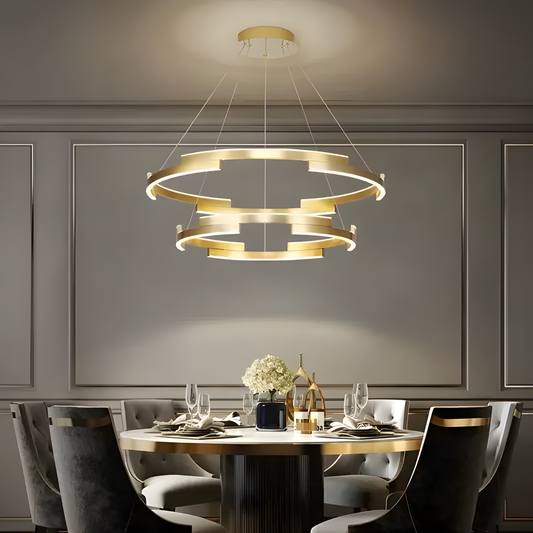 Lustră Premium Aurie Tip Pendul DM9145/600+400 – 3 Tipuri de Lumină cu Telecomandă, Înălțime Ajustabilă, 85W, – Eleganță în Stil Modern