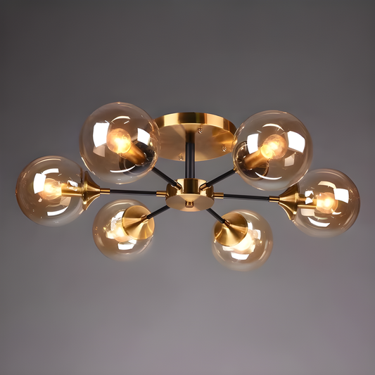 Lustră Elegantă cu 6 Surse de Iluminare E14 și Globuri din Chihlimbar – Lux și Stil pentru Orice Spațiu, Model DM1055/6