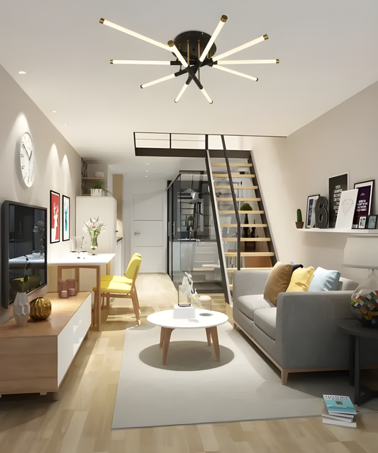 Lustră de Lux DM80011/5 – Design Suspendat cu 5 Corpuri de Expunere, Telecomandă și 3 Tipuri de Lumină, 75W, Negru/Auriu